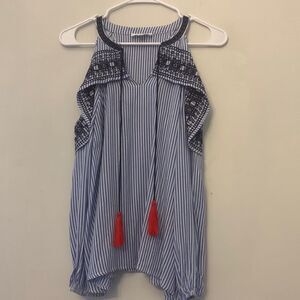 THML cold shoulder blue striped blouse with navy crocheted top Size S